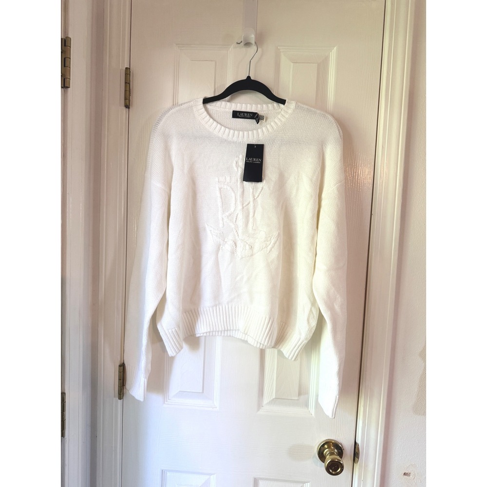 Lauren Ralph Lauren Cream Crewneck Sweater with Embossed Logo - Picture 2 of 5